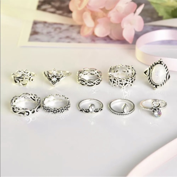 10 Pcs/Set Boho Antique Silver Crystal Rings - Picture 4 of 8
